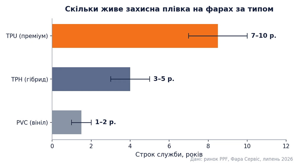 Скільки живе захисна плівка на фарах за типом